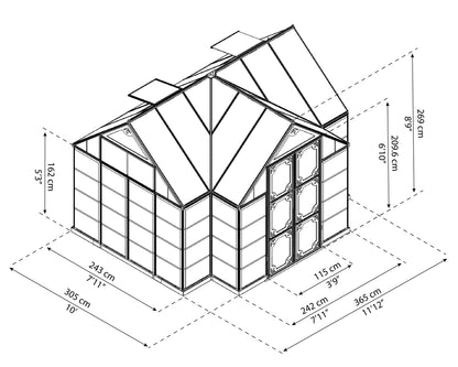 Measurements showing the dimensions of an orangery
