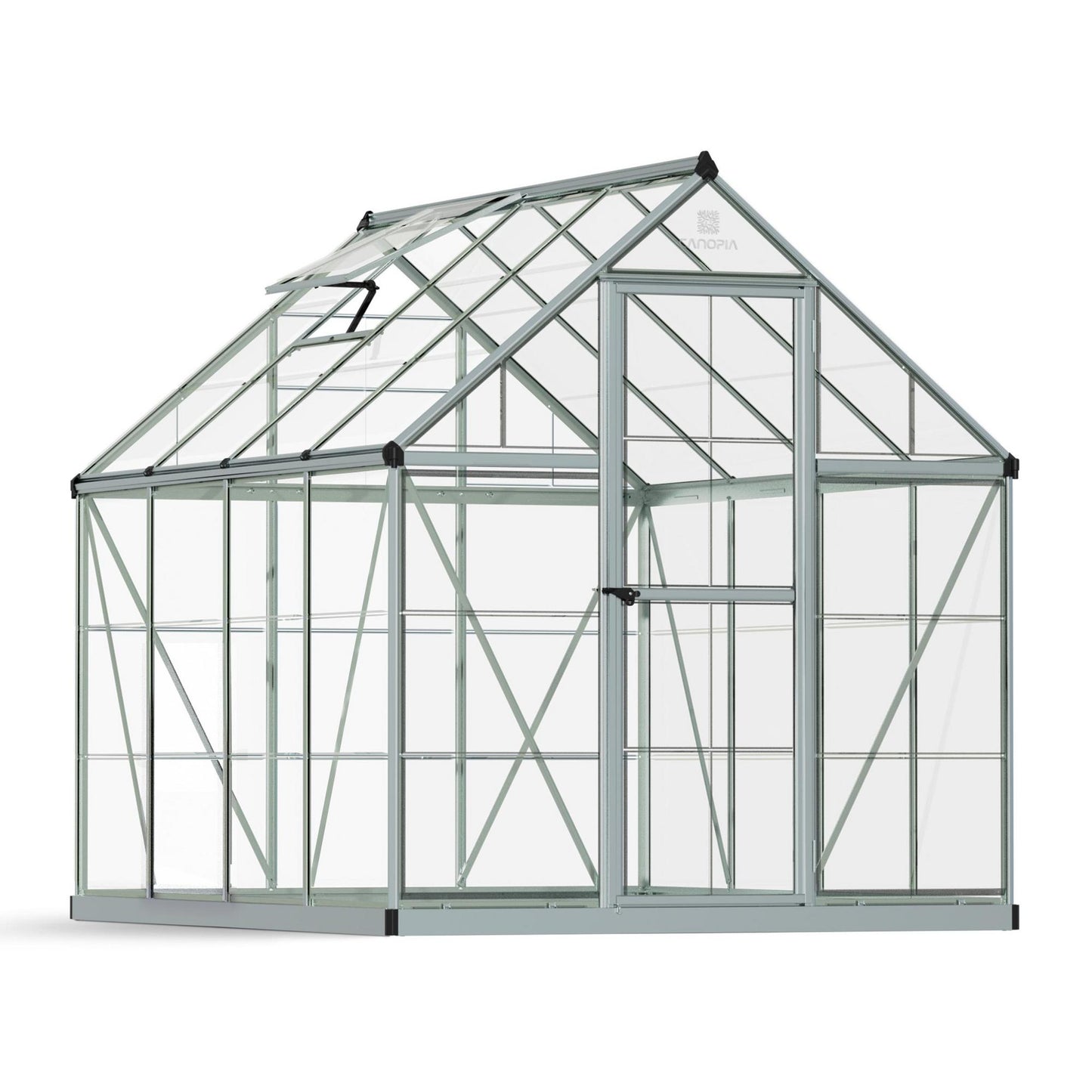 A greenhouse made up of windows with silver metal framing