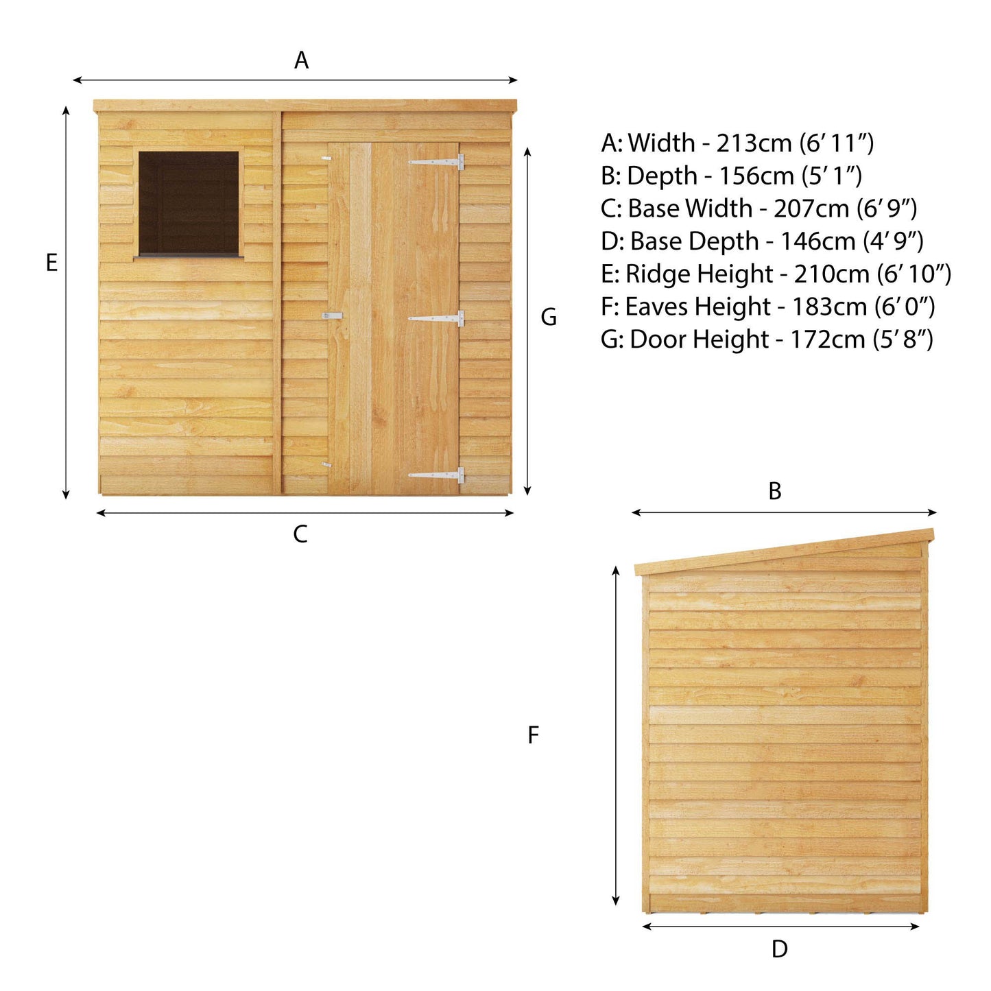 7 x 5 Overlap Single Door Pent Wooden Shed