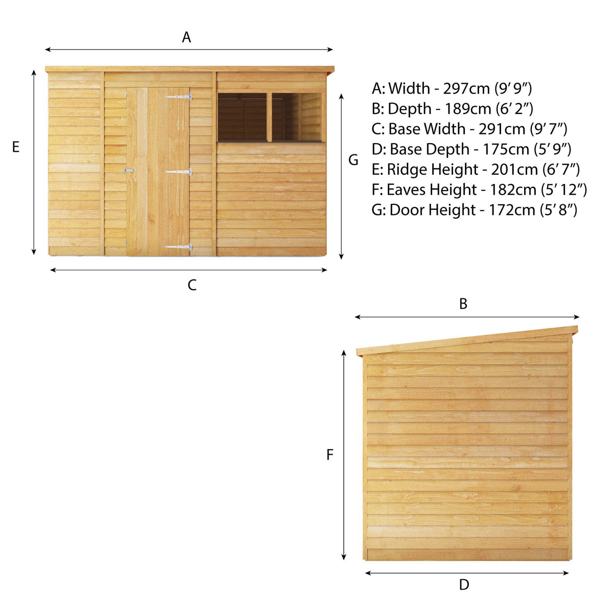 Refurbished Pressure Treated 10 x 6 Value Overlap Single Door Pent Wooden Shed