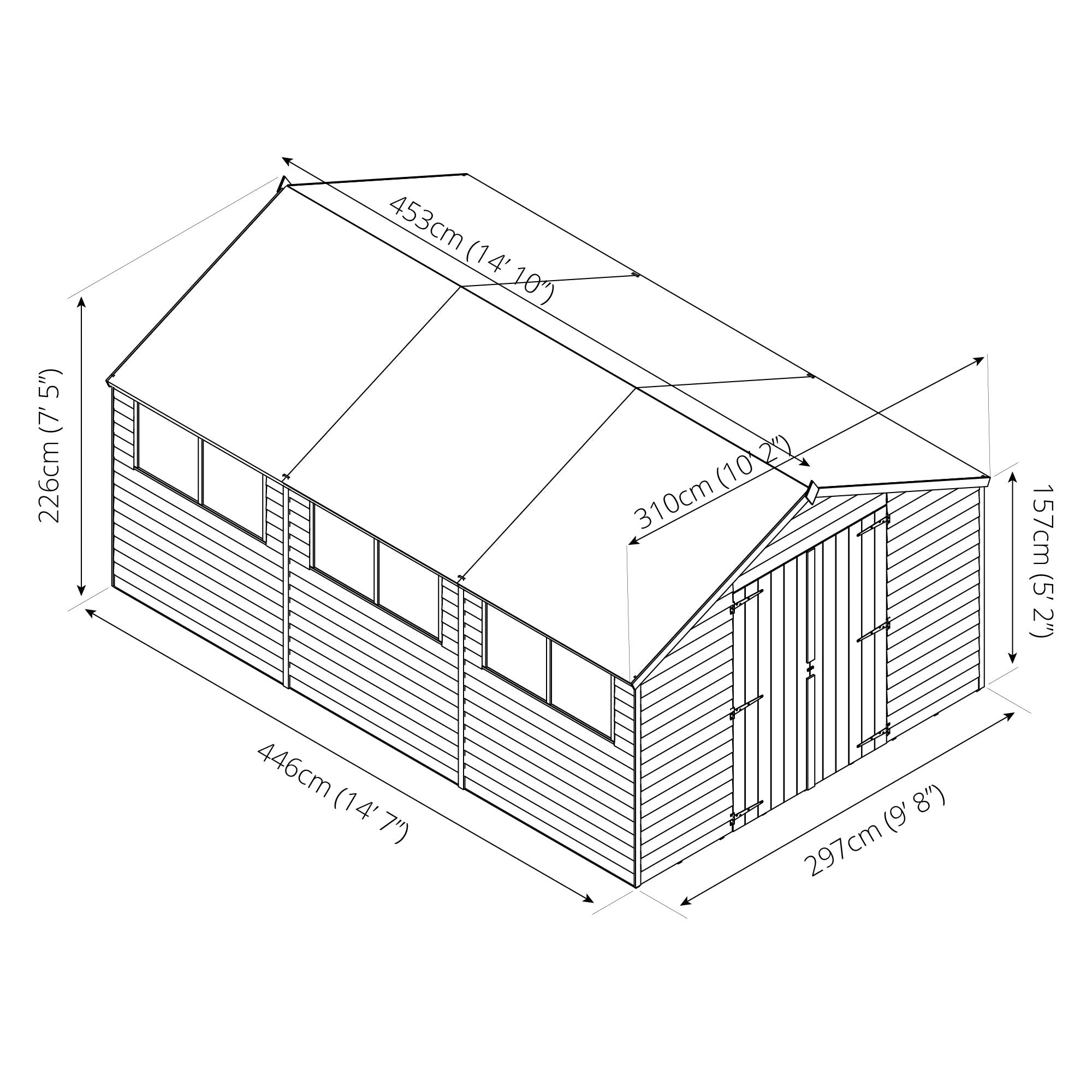 Refurbished 15 x 10 Overlap Double Door Apex Garden Shed