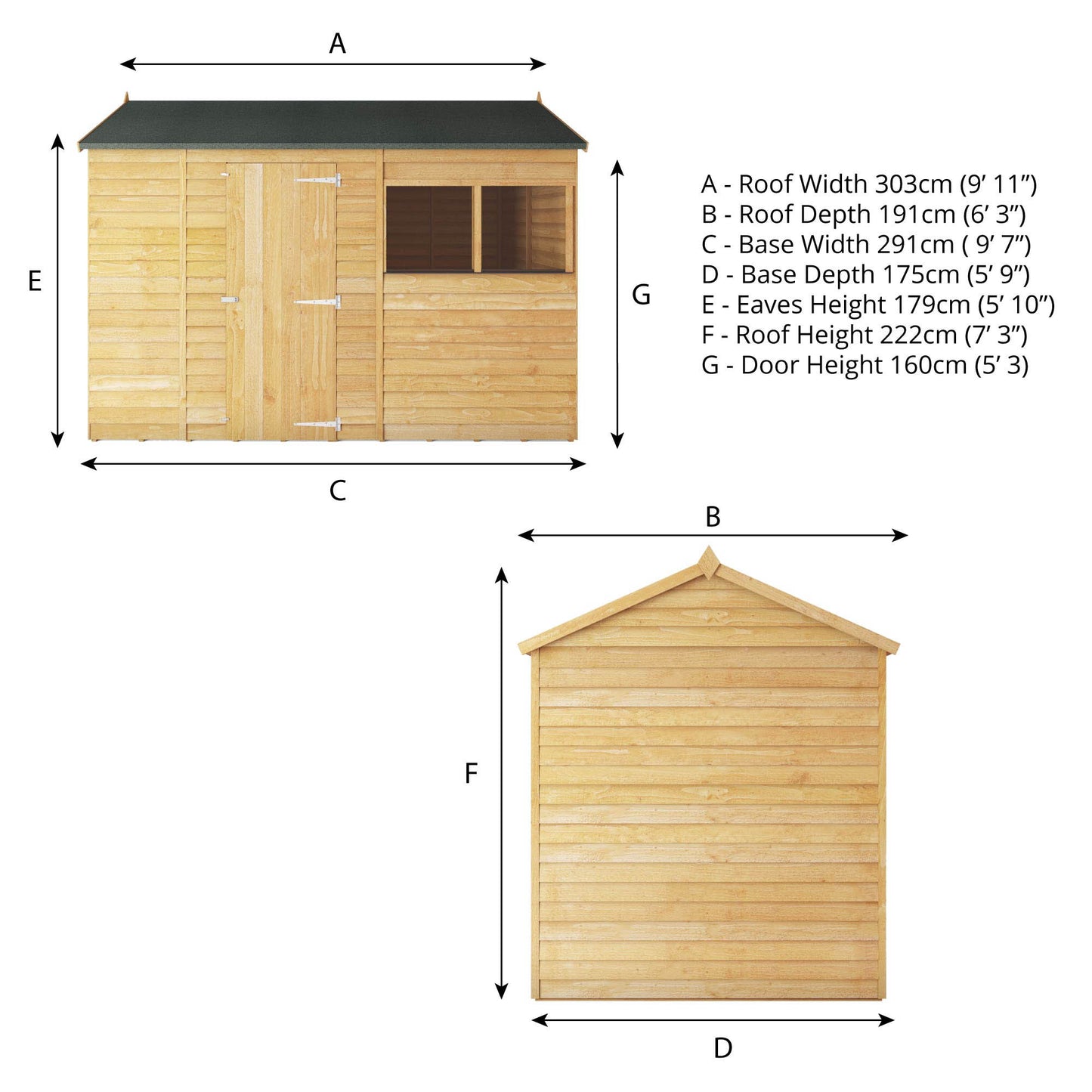 10 x 6 Overlap Single Door Reverse Apex Wooden Shed