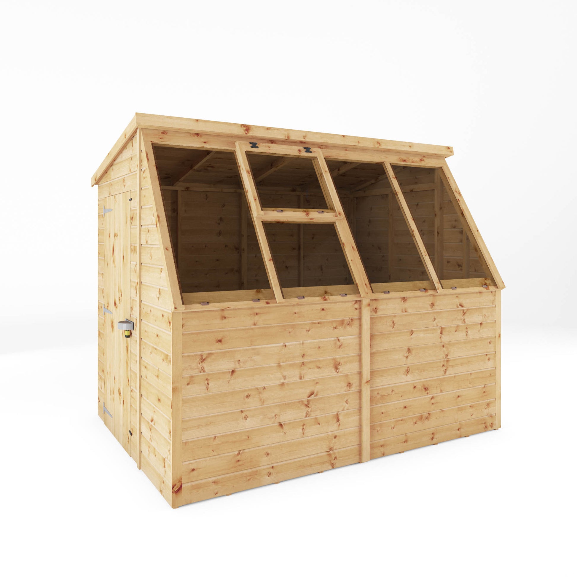 A timber potting shed with large windows.