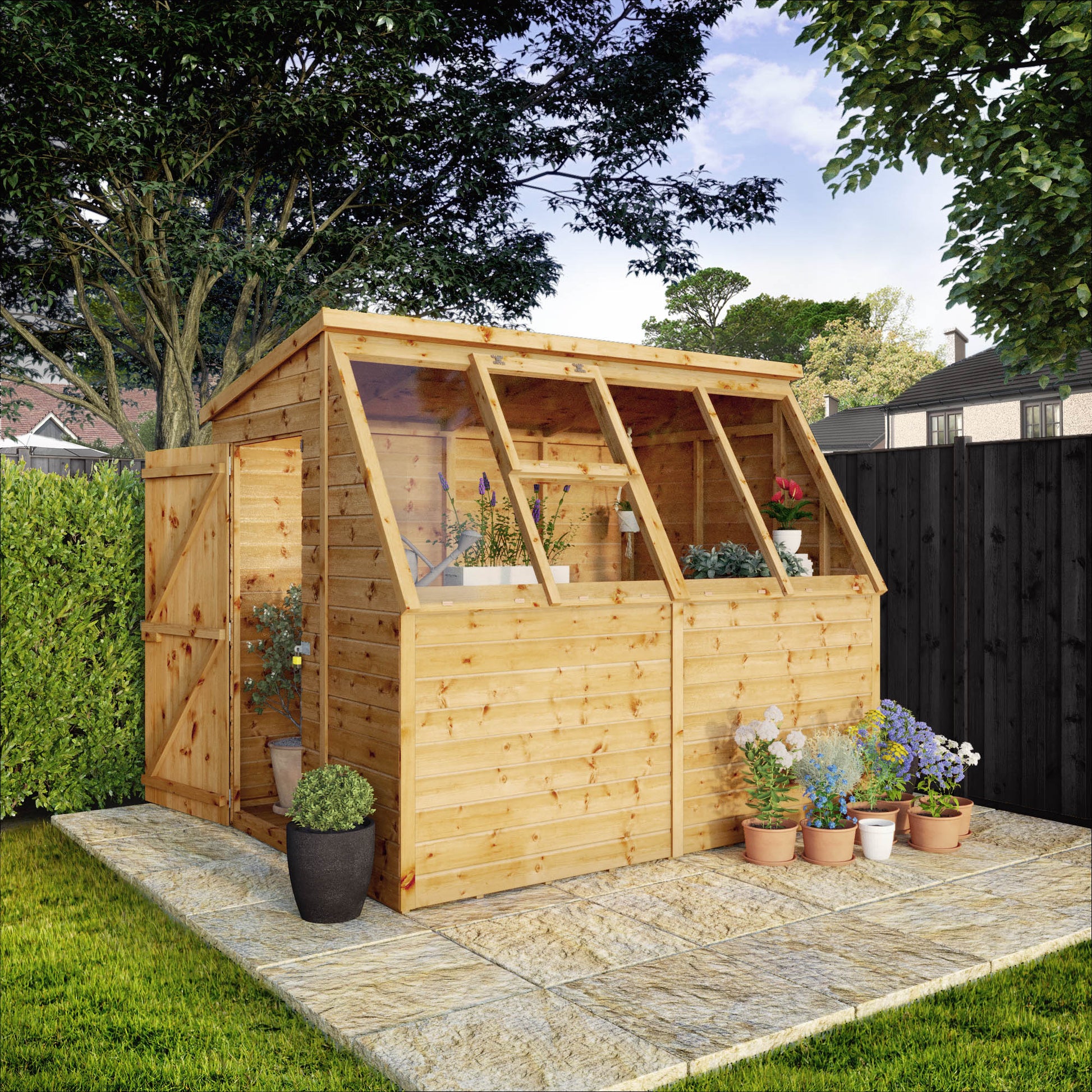 A timber potting shed in a garden scene.