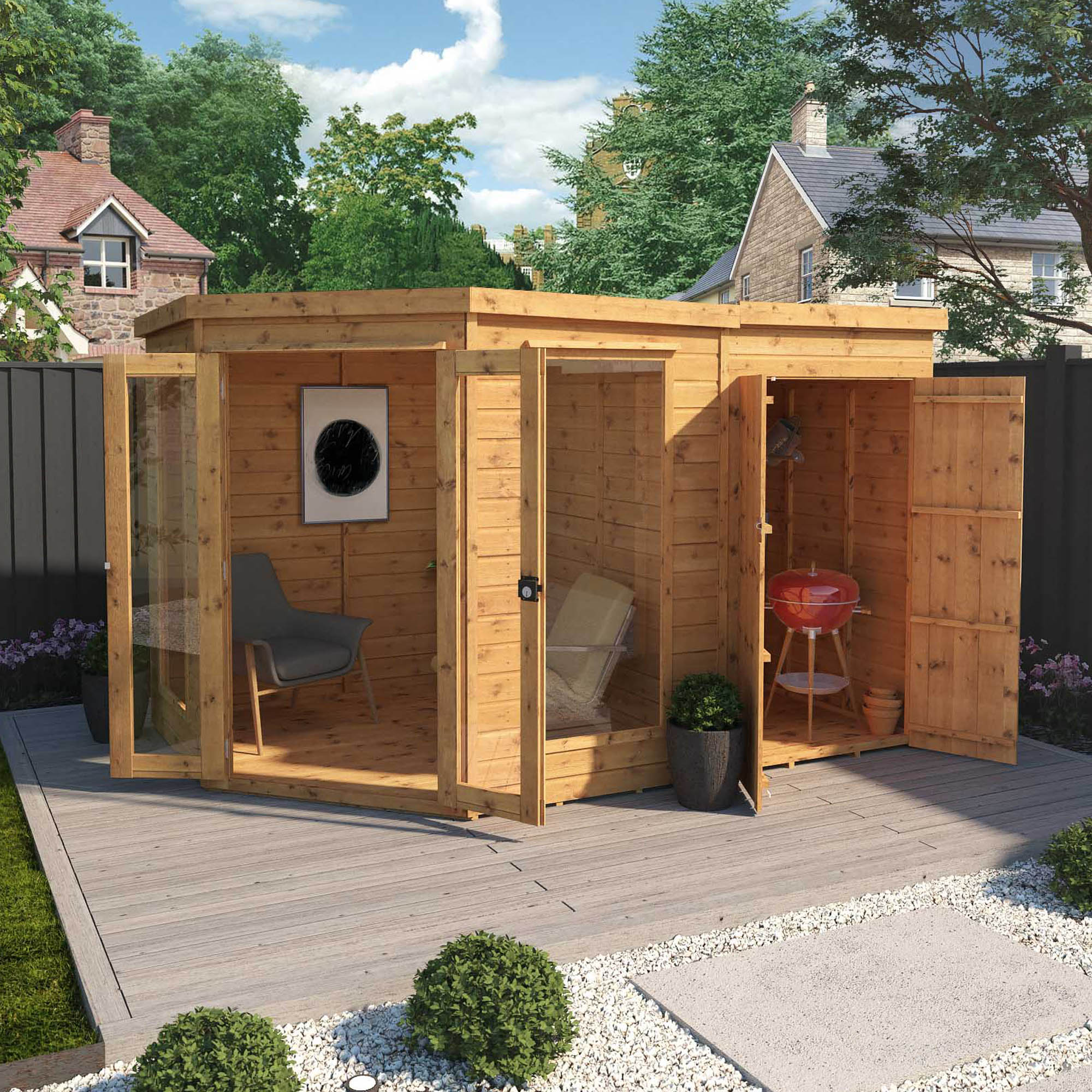 11 x 7 Corner Summerhouse with Side Shed