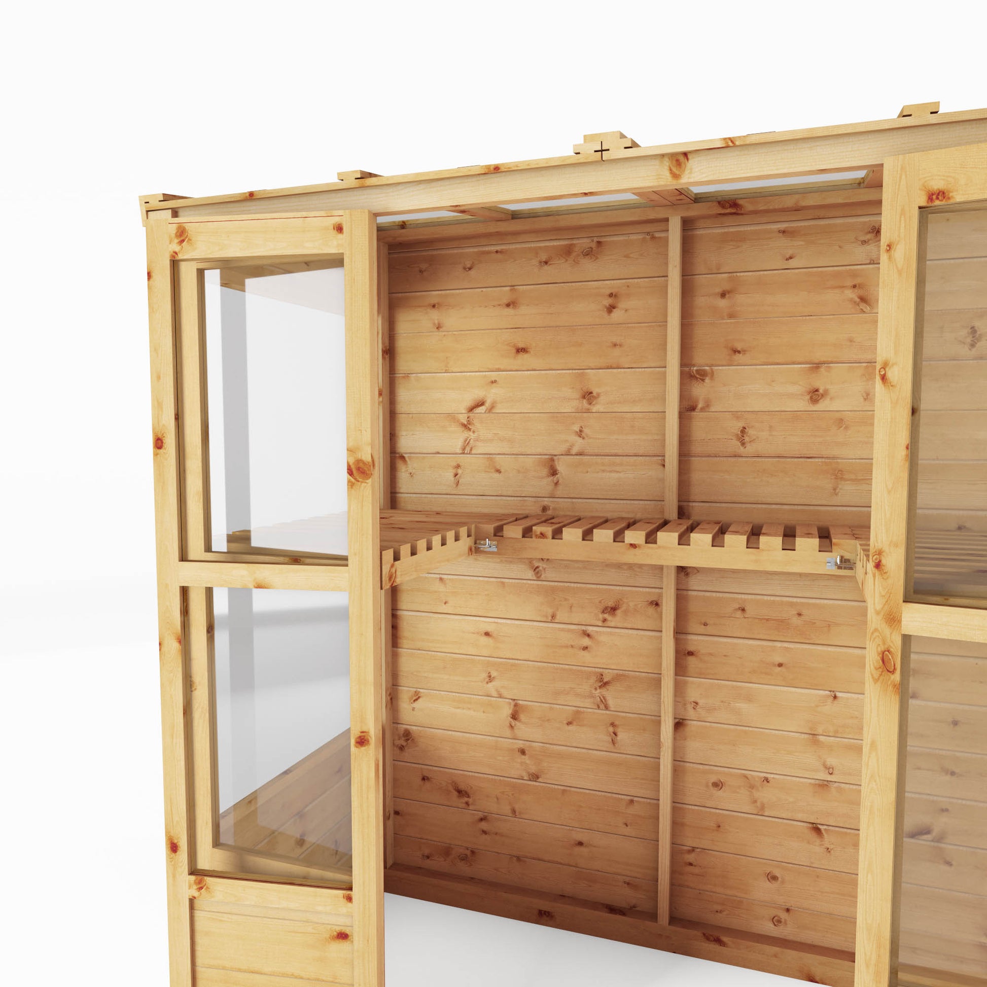 closeup of doors and shelving in a small wooden greenhouse