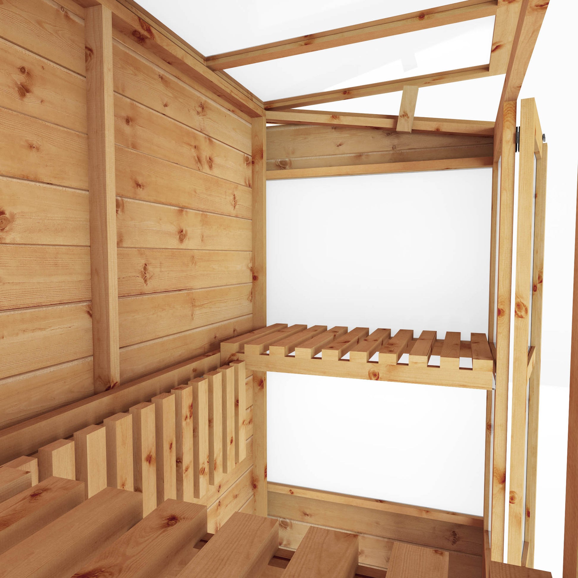 inside shot of the folding shelves in a small greenhouse