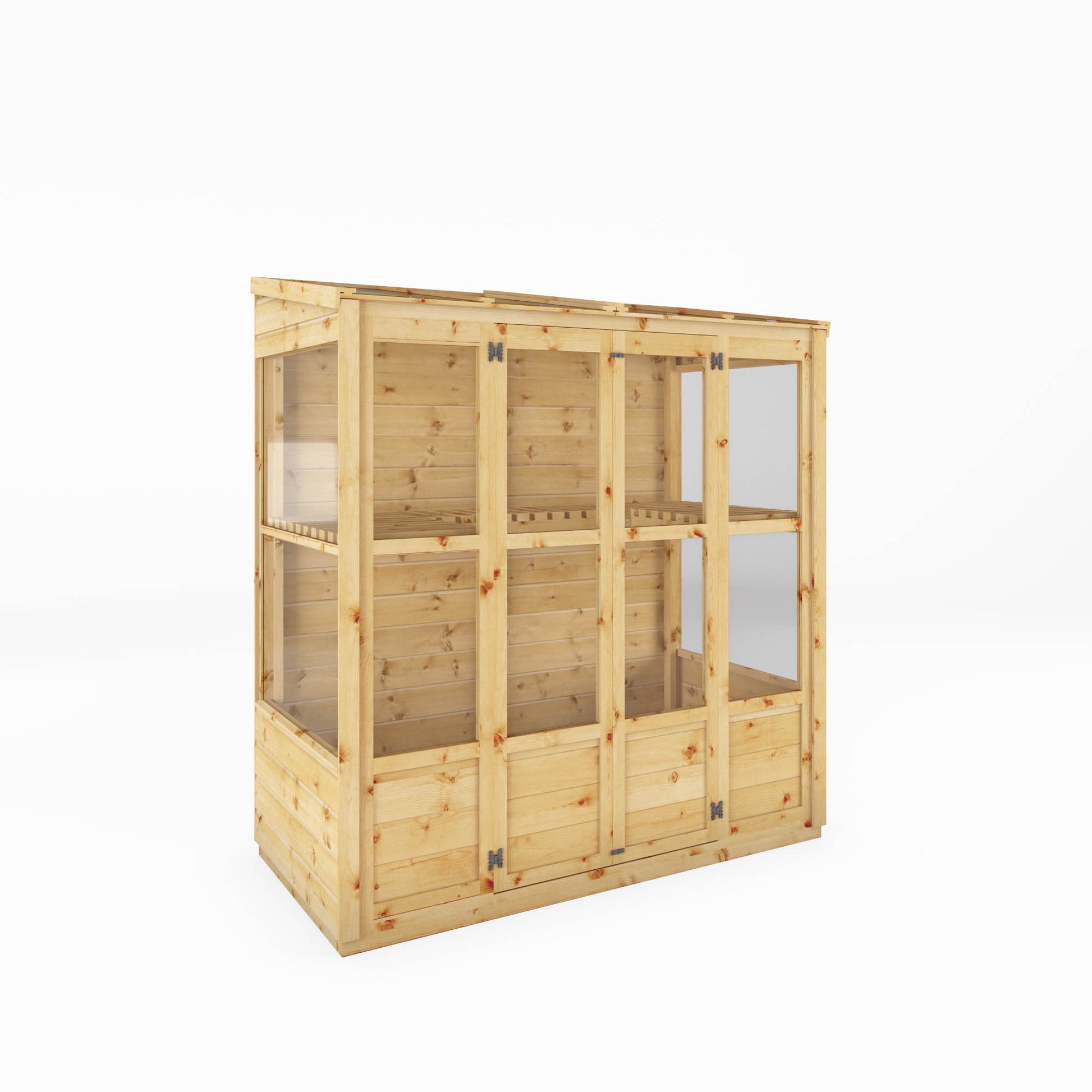 a small greenhouse with double doors and shelving