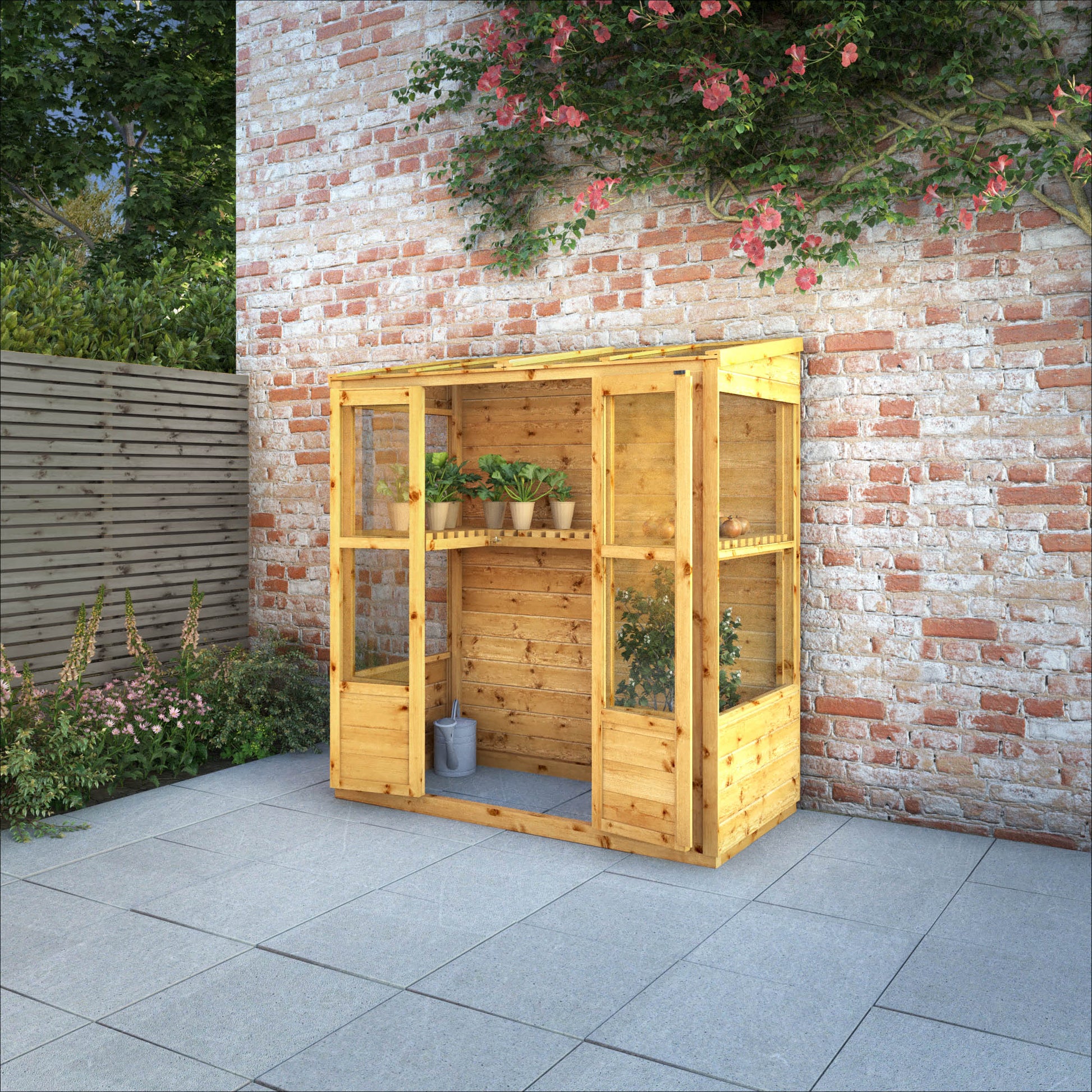 a small greenhouse with double doors and shelving