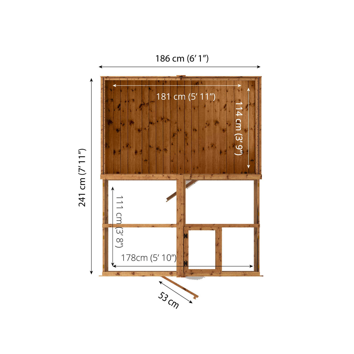 Measurements showing the dimensions of a combi greenhouse and shed