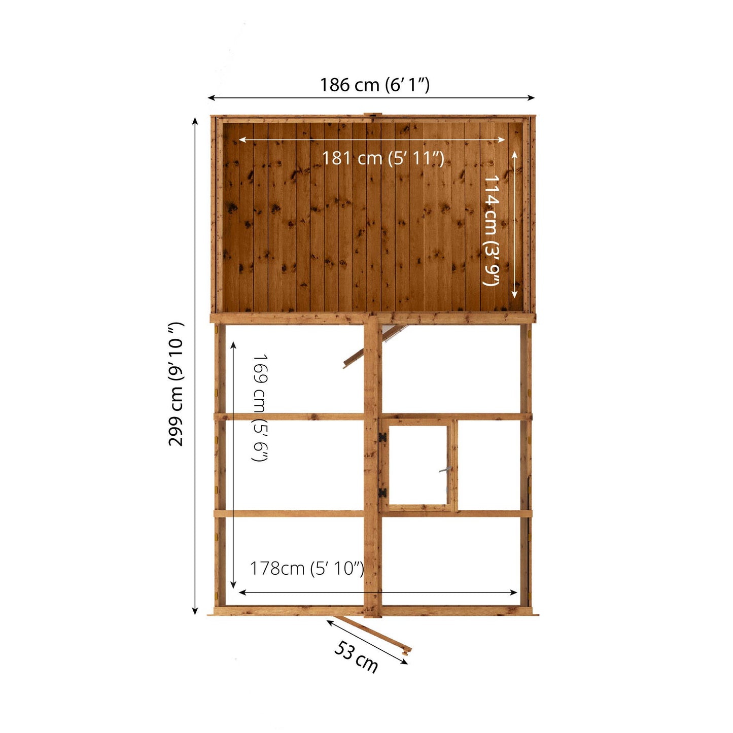Measurements showing the dimensions of a combi greenhouse and shed