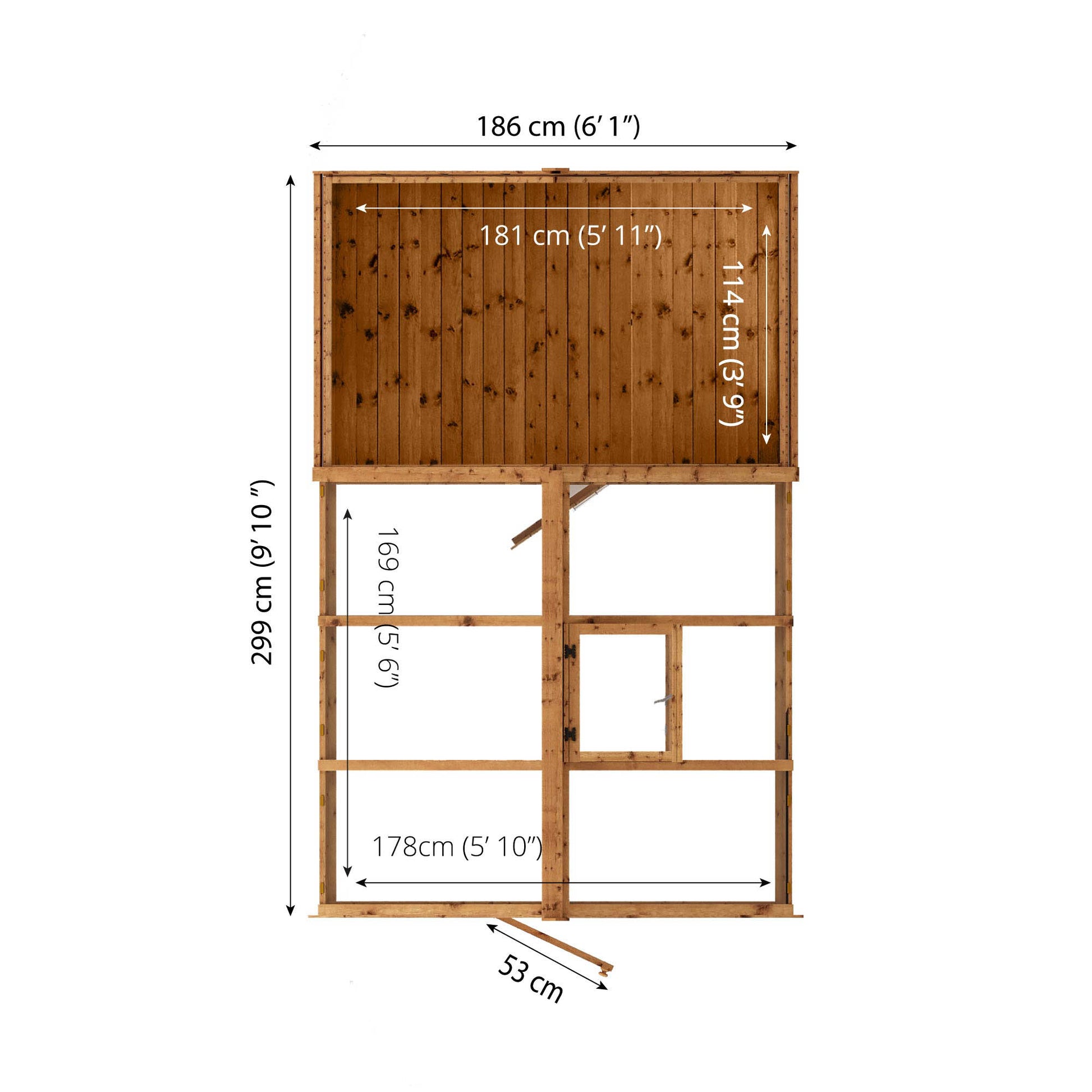 Measurements showing the dimensions of a combi greenhouse and shed