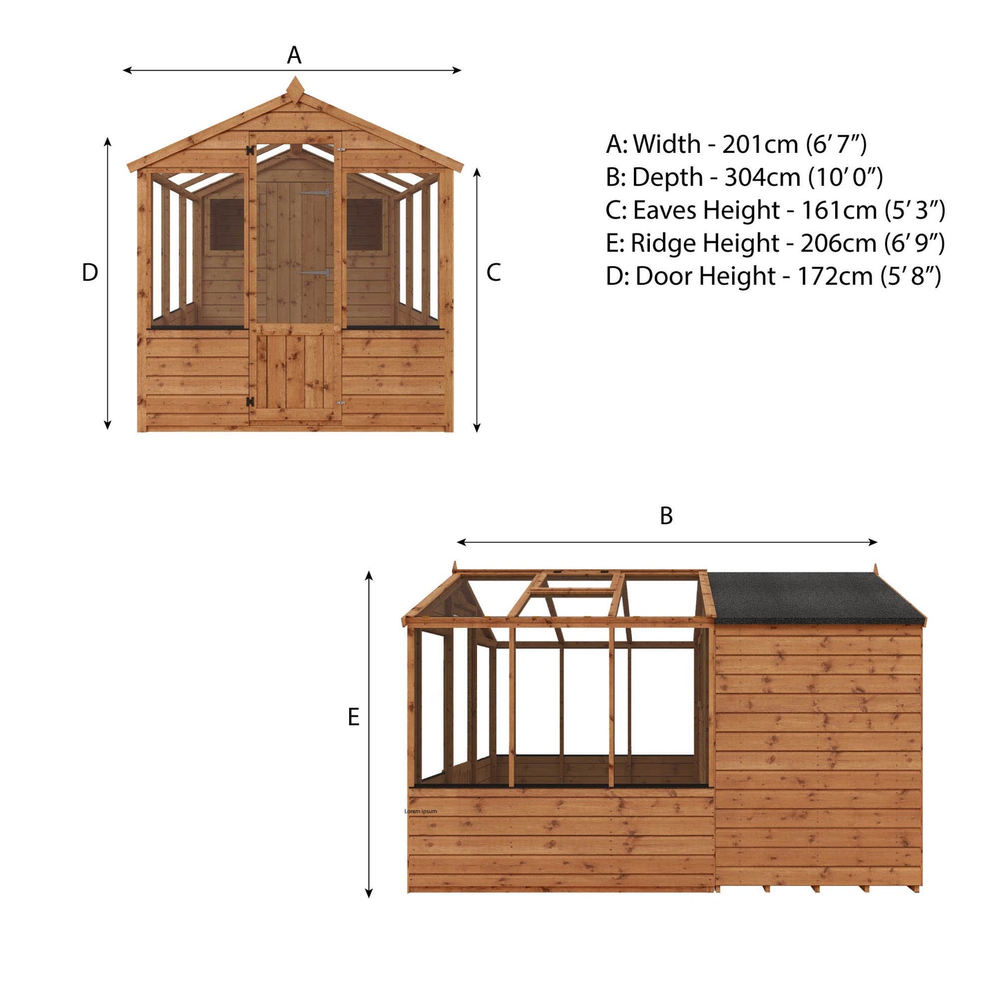 Measurements showing the dimensions of a combi greenhouse and shed