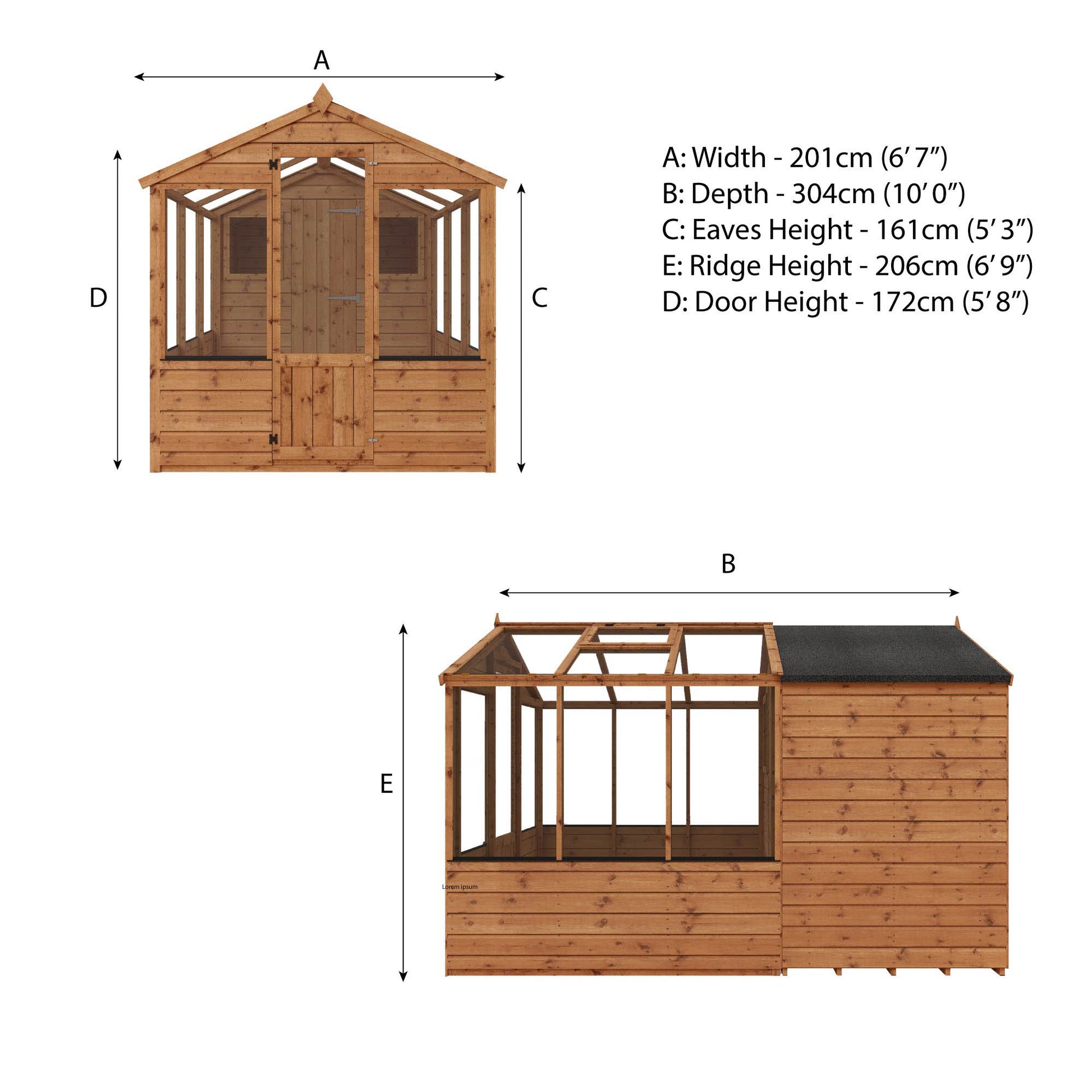 Measurements showing the dimensions of a combi greenhouse and shed