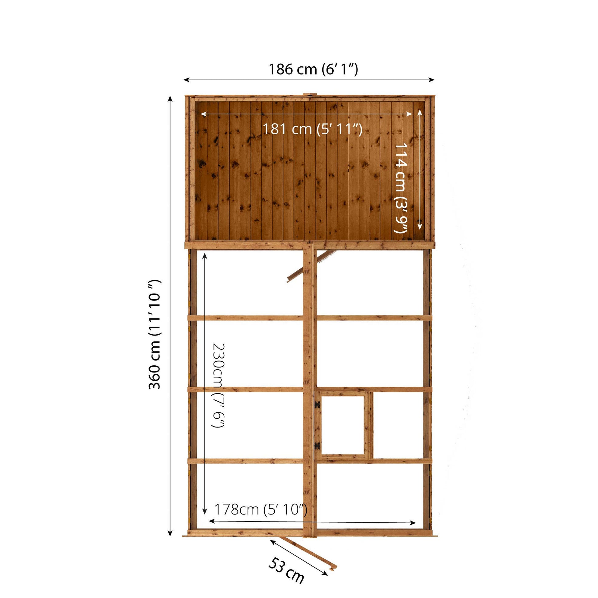 Measurements showing the dimensions of a combi greenhouse and shed