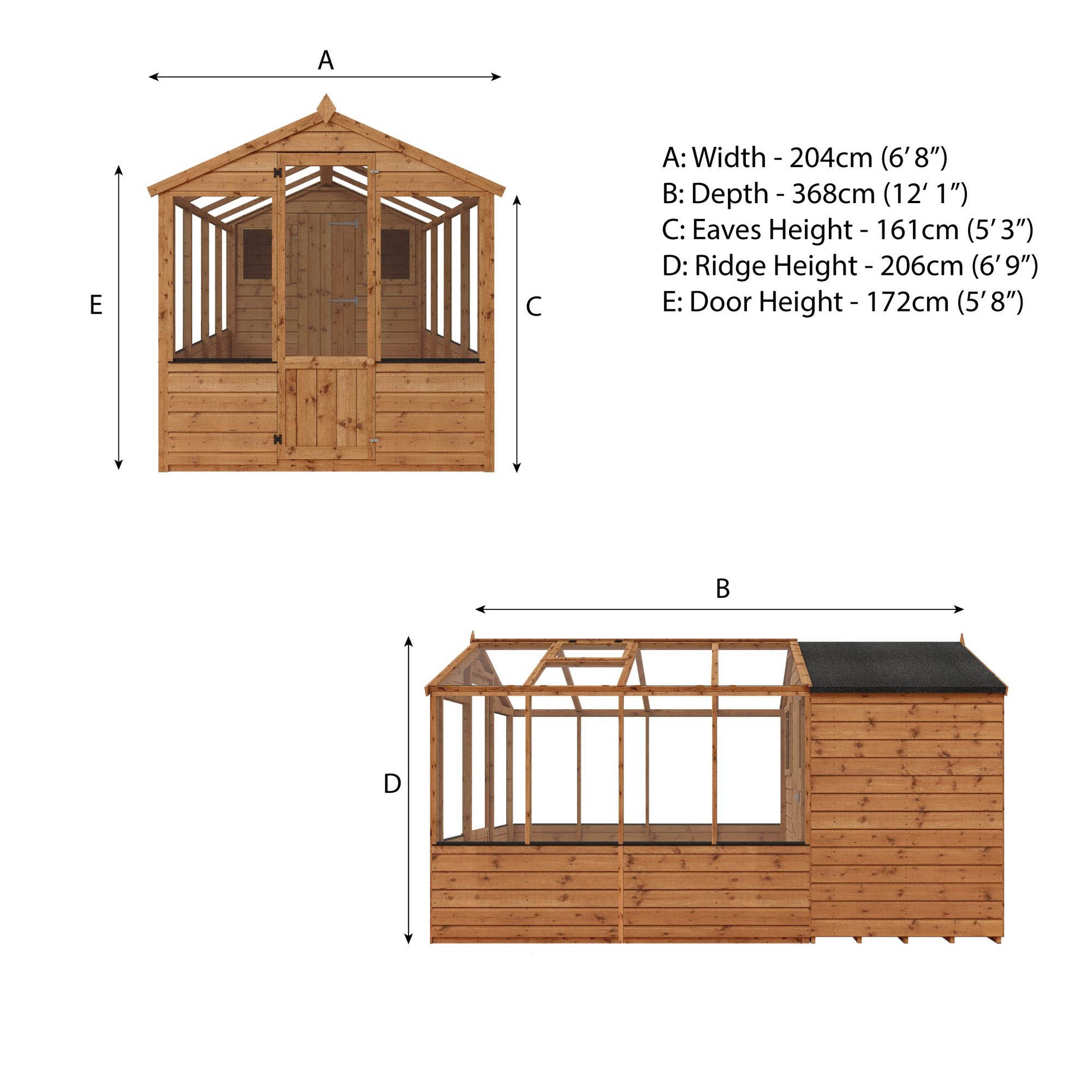 Measurements showing the dimensions of a combi greenhouse and shed