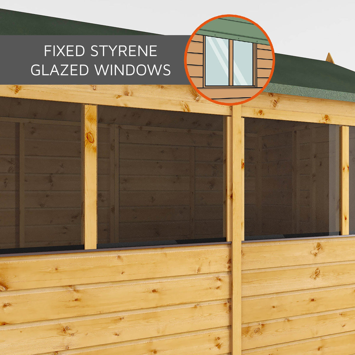 Styrene glazed windows on a timber shed from Waltons, boasting shatterproof properties