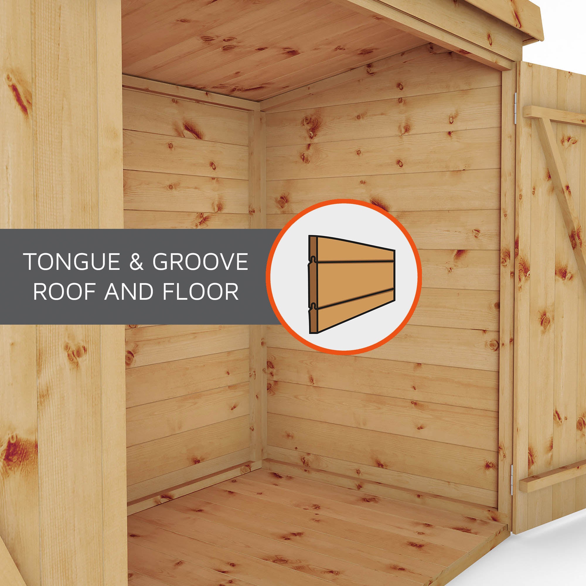 Timber tongue and groove cladding used in the roof and floor of storage sheds from Waltons