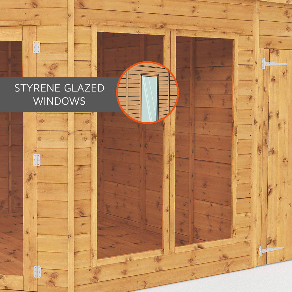 Styrene glazed windows on a timber summerhouse from Waltons, boasting shatterproof properties